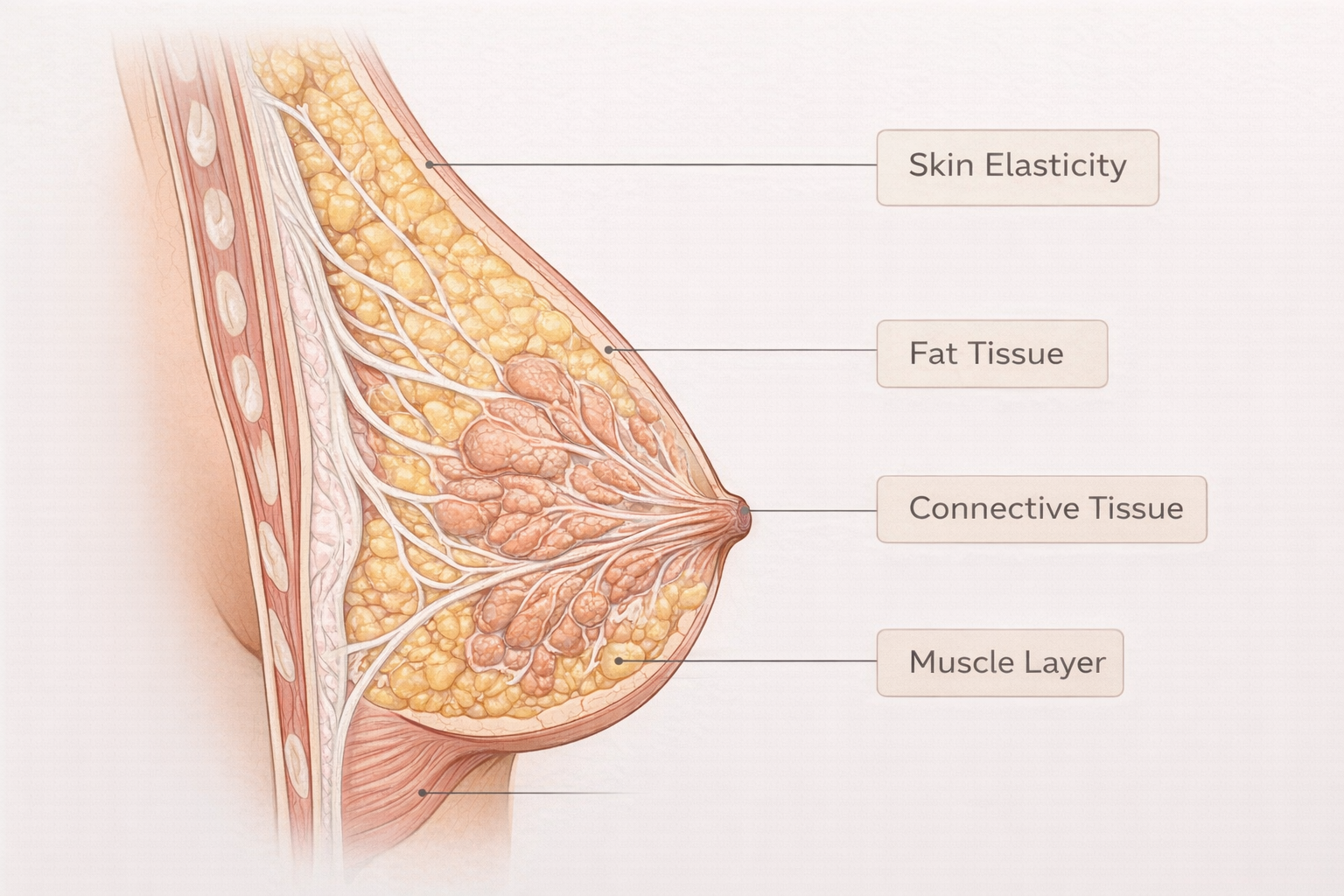 Diagram of breast tissue showing the four factors that affect firmness and appearance