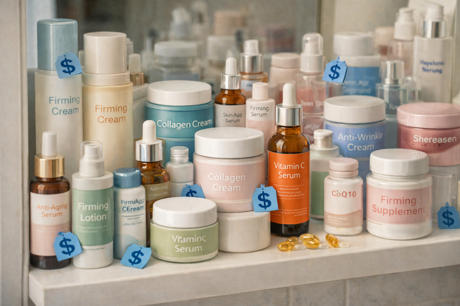 Bathroom shelf filled with firming creams and products that did not work