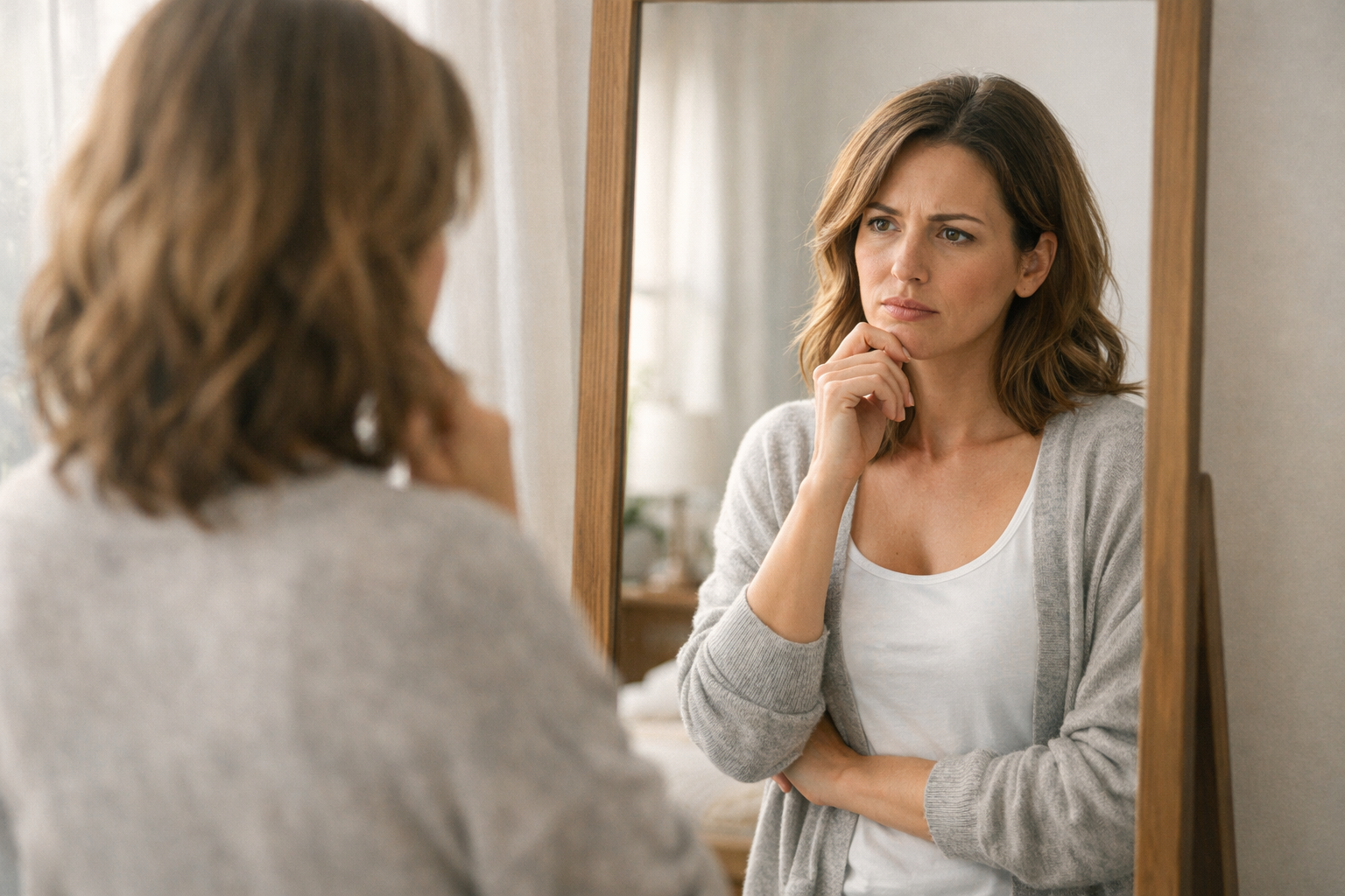 Woman examining her reflection thoughtfully in a mirror