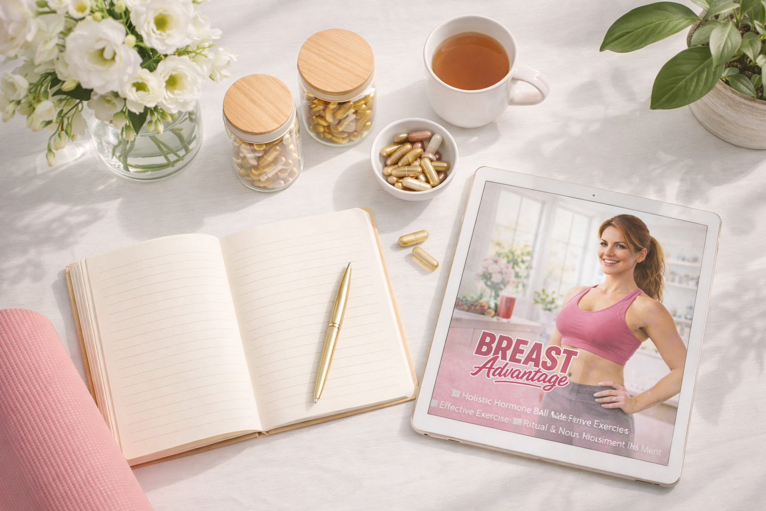 Women's wellness desk with natural supplements, journal, and wellness plan